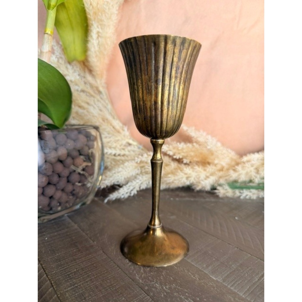 Vintage RIH Solid Brass Goblet Vase Made in India Fluted Pedestal Decorative Cup